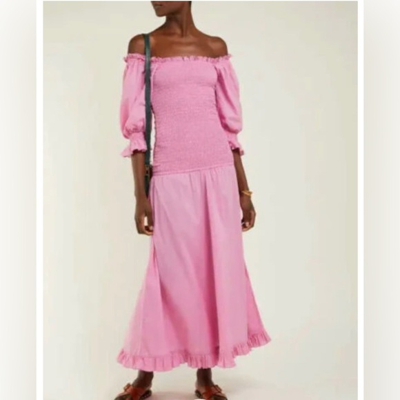 RHODE Resort Pink Eva Off The Shoulder Smocked Cotton Maxi Dress medium - Picture 1 of 10